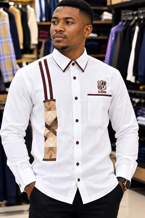 Chemise en lin blanche pour homme avec bande kente bordeaux et beige