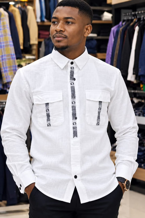 Chemise en lin blanche pour homme avec bande brodée, vue de face