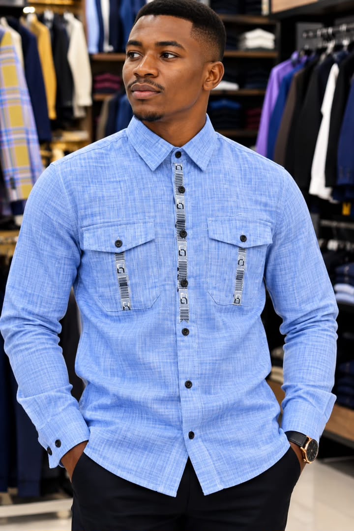Chemise en lin bleu ciel pour homme avec bande brodée et boutons noirs