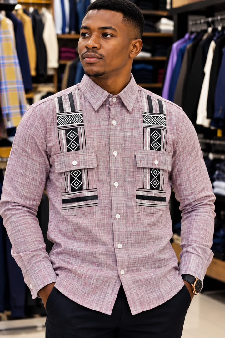 Chemise en lin mauve pour homme avec plastron à motifs géométriques noirs et blancs