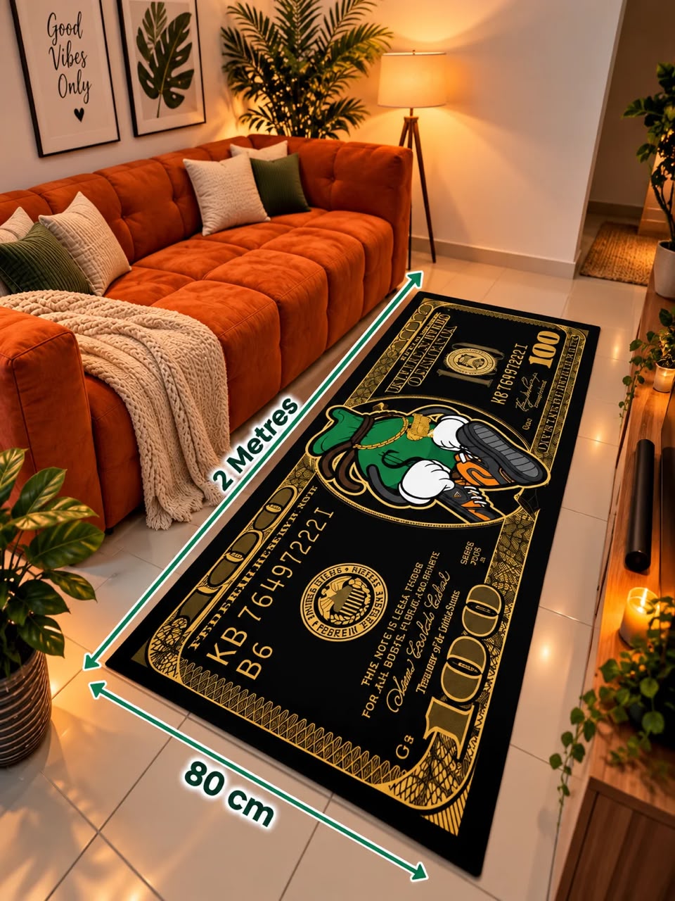 Tapis billet 100 dollars mascotte 80 cm x 2 m dans un salon