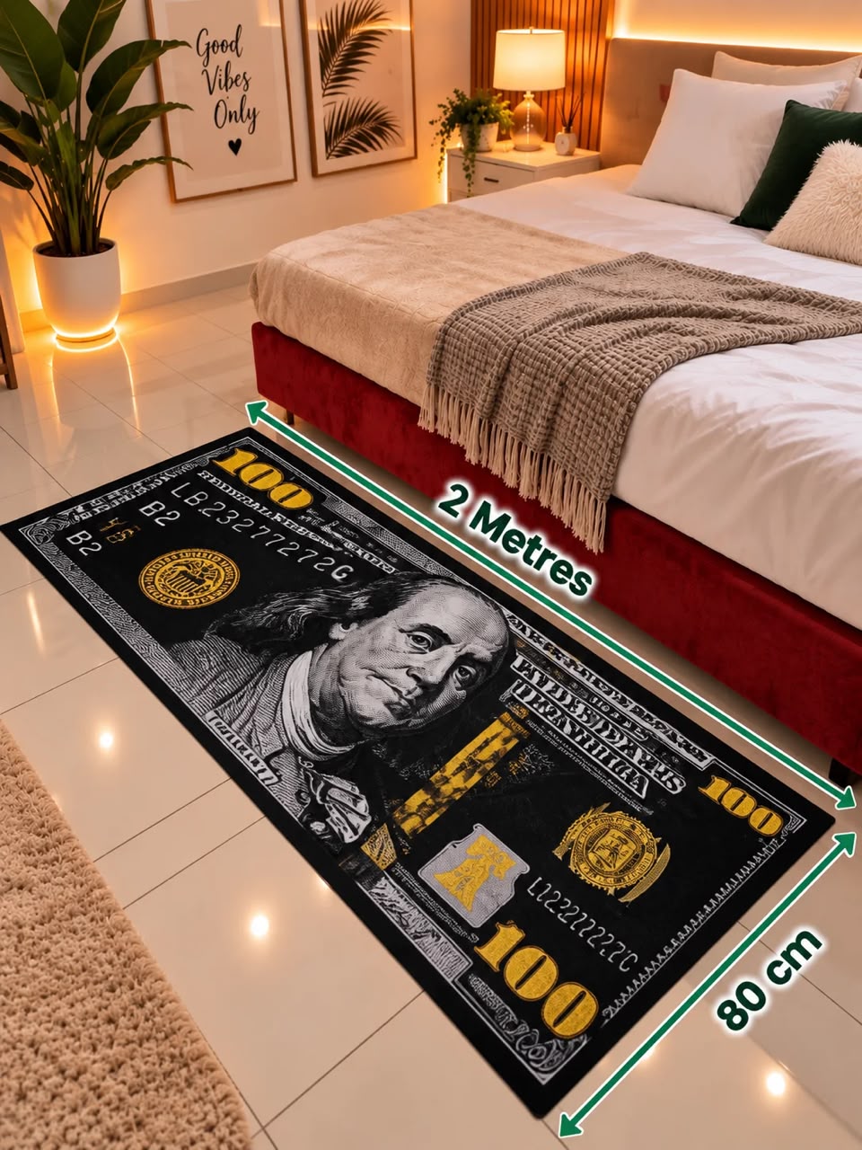 Tapis billet 100 dollars noir et or 80 cm x 2 m au pied d'un lit