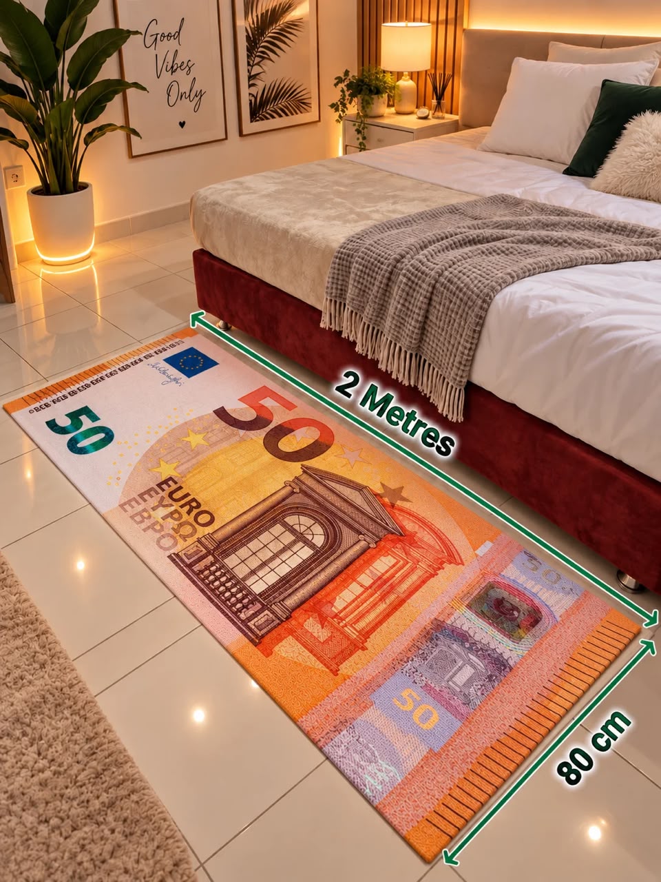 Tapis billet 50 euros 80 cm x 2 m au pied d'un lit