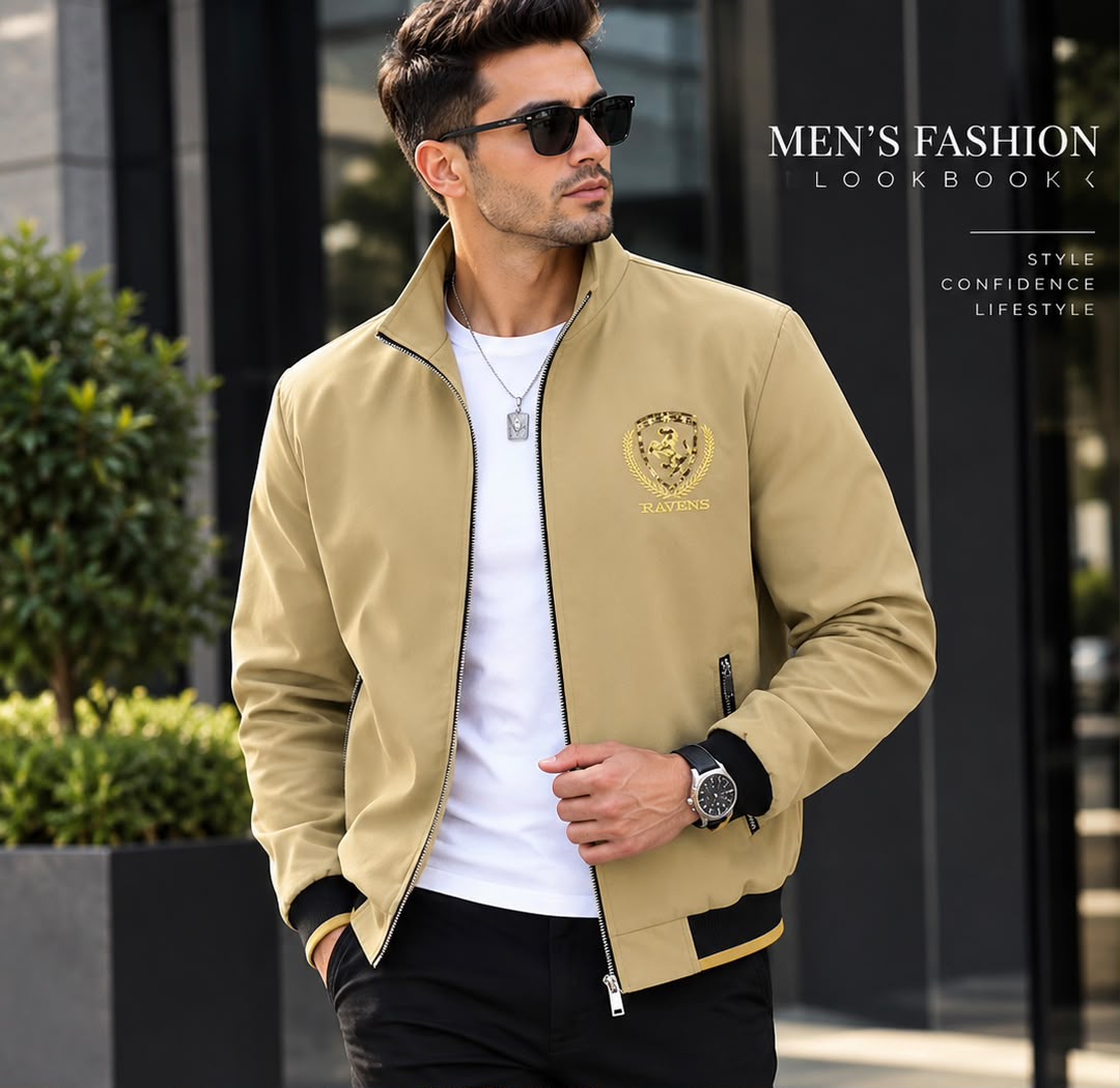 Veste bomber beige pour homme avec col montant, zip et écusson brodé doré